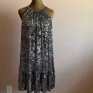 TAYLOR  Silver And Gold Sequin Halter Mini Dress